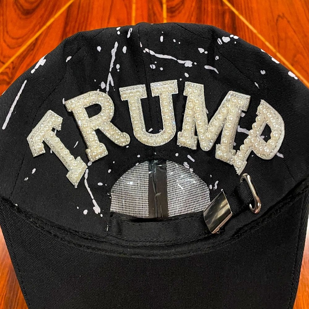 NWT Custom Made “TRUMP” black hat w/ Pearl & Rhinestones letters on back. MAGA.